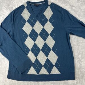 Banana Republic Mens Argyle Sweater XL Silk Cashmere Blue Gray Diamond V-neck